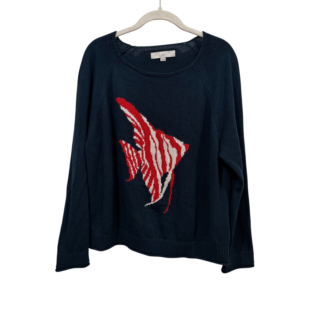LOFT Navy Blue Angelfish Graphic Knit Sweater Womens Large Raglan Long Sleeve